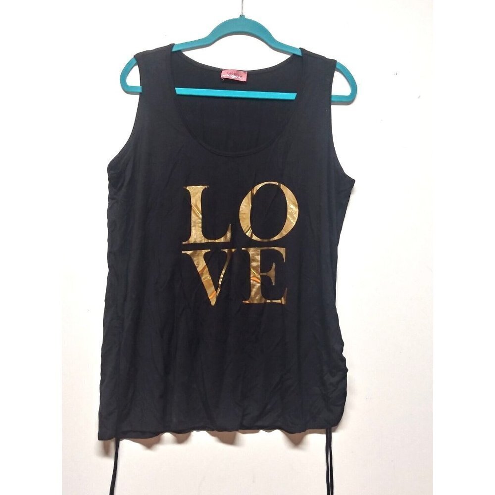Womens tank top LOVE golden letters 3X/2X ruched sides w/ties stretch knit BLK